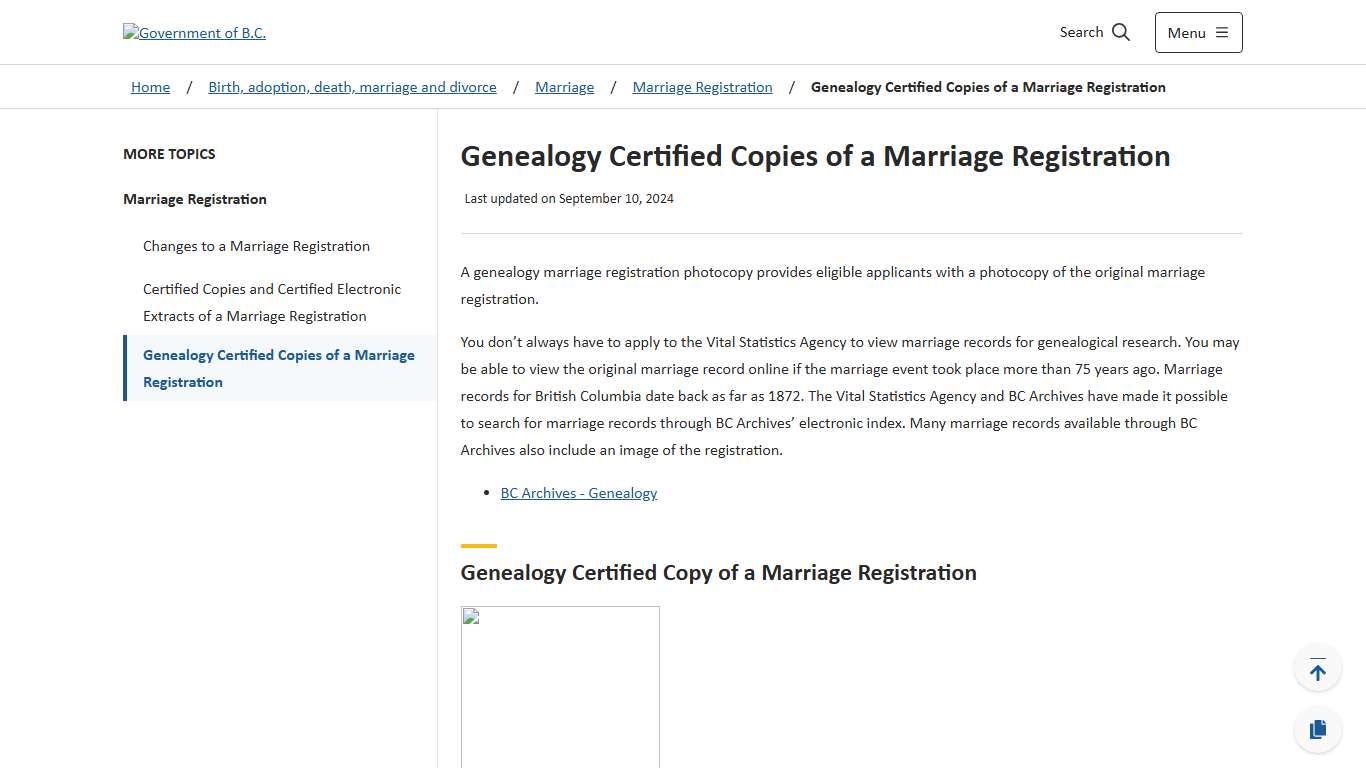 Genealogy Certified Copies of a Marriage Registration - Province of British Columbia